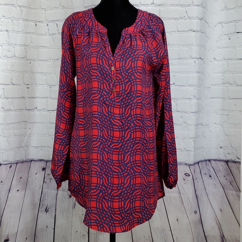 Mud Pie tunic top, red/navy geo print, sz S, EUC